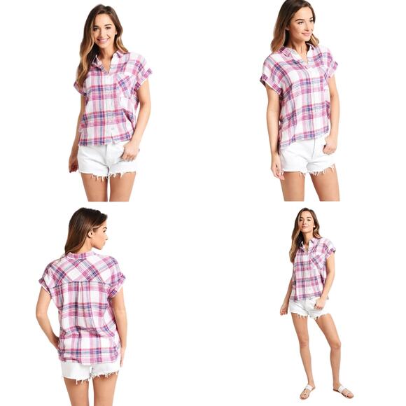 Rails Whitney Plaid Linen Rayon Button Down Shirt Women’s M Pink Fuchsia Summer - Picture 1 of 9